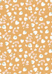 Hand painted juicy strawberries, leaves and flowers, as a maximalist fruit orchard in colors of off white, pink and green on yellow. Botanical seamless vector pattern. Great for home decor, fabric,etc