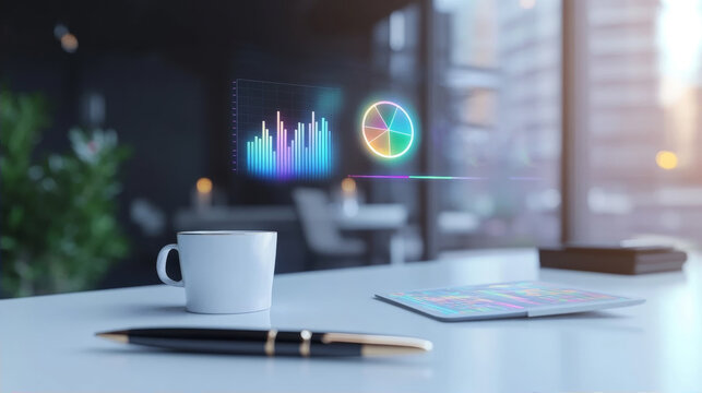 Modern Business Workspace Featuring Advanced Holographic Data Visualization with Fluorescent Pie and Bar Charts Floating Above an Office Desk with Coffee Mug, Pen, and Tablet Device - Powered by Adobe