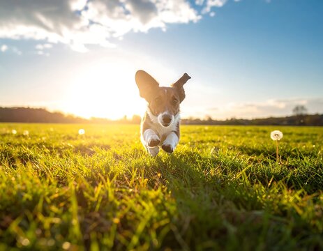 A dog runs through a sunlit field