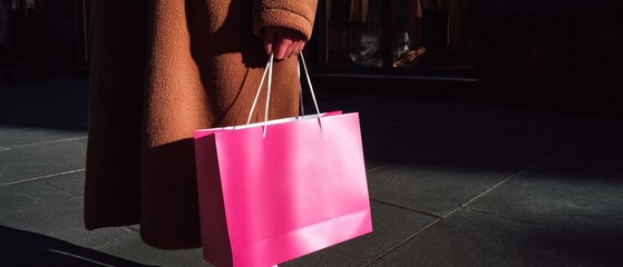 The Pink Shopping Bag Held by a Shopper on a City Sidewalk in Shadowed Light