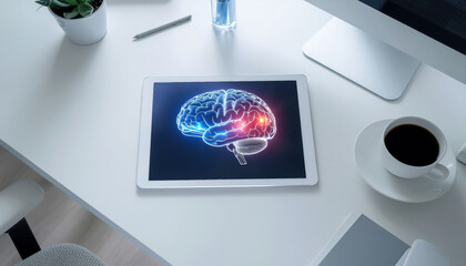 Digital brain tablet mental health technology neuroscience medical data glow innovation healthcare concept illustration on tablet screen over white office desk with coffee cup and keyboard