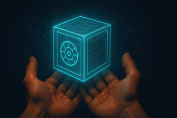 Hologram cube data security digital privacy rights protection concept in dark space hands gesture glow blue neon fantasy modern tech artwork