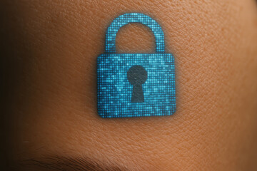 Digital lock privacy rights icon on human skin tattoo concept secure data protection cyber security encrypted access safety