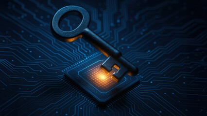 Cyber security technology key privacy rights digital protection data access encryption lock concept glowing chip circuit board