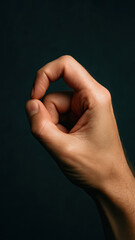 Hand gesture privacy rights consent digital symbol on dark background, close up male hand signal communication concept, studio shot with soft light and shadow detail focus