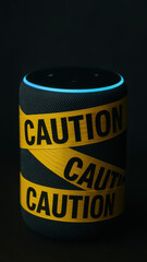Smart speaker caution tape digital privacy rights warning data security voice assistant surveillance dark background technology wireless microphone sound audio gadget electronic modern caution