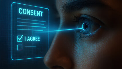 Digital consent privacy rights concept eye scan interface agree checkbox glow futuristic technology online security surveillance biometric data protection screen closeup human face focus