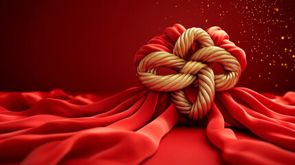 Traditional golden knot symbol on elegant red silk fabric background with shimmering gold glitter, perfect for Chinese Lunar New Year celebration and cultural events
