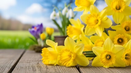 Yellow daffodils and other spring flowers on a wooden table outdoors in garden