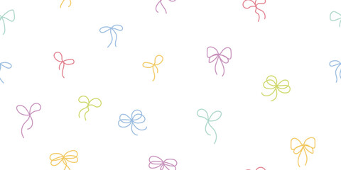 cute colorful doodle bow background. Seamless hand drawn small bow pattern in pastel palette. Simple bows texture for wrapping paper, textile print, birthday party design
