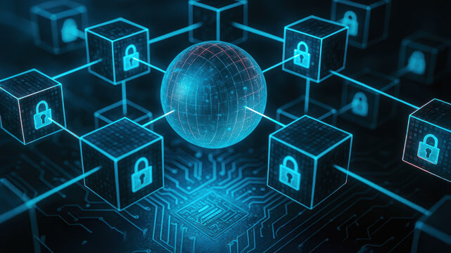 Blockchain network security lock encryption digital privacy rights data technology cyber protection sphere glow blue circuit computer internet node system information secure code access firewall