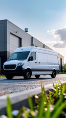 Eco friendly white delivery van urban warehouse logistics vehicle street road transport modern business service