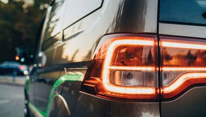 Eco friendly van tail light close up delivery vehicle detail parked urban street evening traffic safety modern LED design metallic body reflective surface