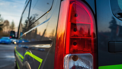Tail light van transport eco friendly delivery detail closeup urban street safety vehicle modern design sunset reflection travel business service