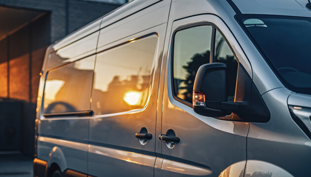 Eco friendly cargo van transport service delivery at sunset urban street reflection modern courier vehicle side view with warm light atmosphere