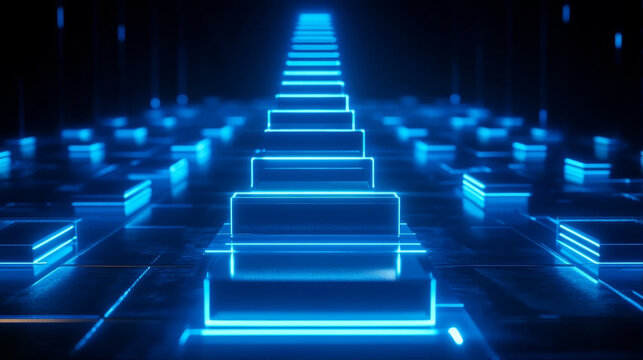 Futuristic Blue Neon Digital Staircase Representing Artificial Intelligence Progress and Cyber Technology Advancement in a Virtual Futuristic Data Environment - Powered by Adobe