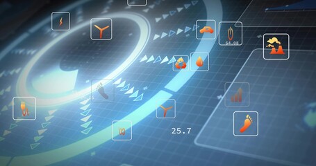 Displaying central radial interface on dark blue grid, showing wind turbine, plug, footprint icons