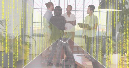 Talking four-person team in office attire around table in glass room with laptop, magenta grid