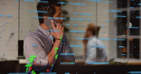 Talking man wearing light shirt holding smartphone to ear in office, glass data overlay, copy space