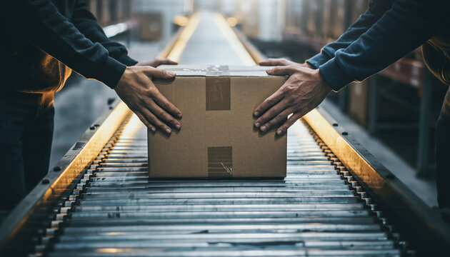 Global trade emerging econom logistics teamwork package handoff on conveyor belt in distribution warehouse highlights modern supply chain collaboration under dynamic industrial light - Powered by Adobe