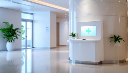 Modern hospital lobby healthcare equity access white reception desk digital screen medical cross bright hallway indoor plant clean floor healthcare lobby with white reception desk digital screen