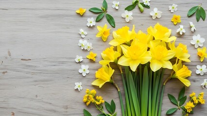 Yellow daffodils and white flowers on a light gray wooden background