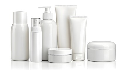 mockup Collection of White Cosmetic Containers Isolated on White Background.
