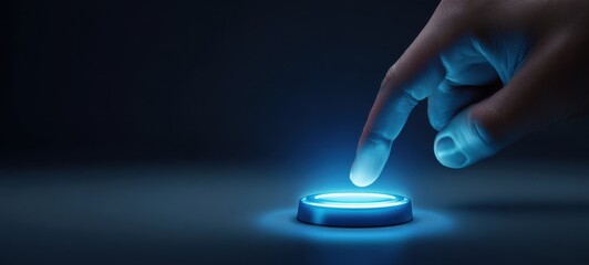 The Button Being Touched by a Finger to Activate a Futuristic Blue Power Interface