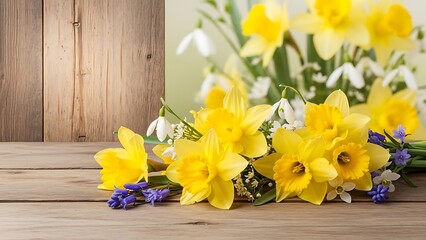 Yellow daffodils and white flowers on a wooden table in springtime  seasonal bouquet