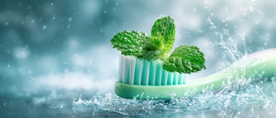 The toothbrush with fresh mint leaves and dynamic water splash symbolizing clean breath