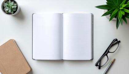 Open notebook journal desk plant glasses pen mental focus health planning technology inspiration minimal workspace productivity calm scene