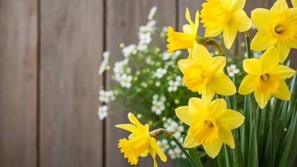 Yellow daffodils and white flowers on brown wooden fence background