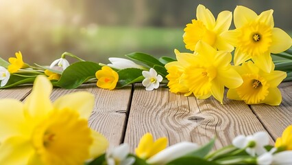 Yellow daffodils and white flowers on a wooden table outdoors in natural light