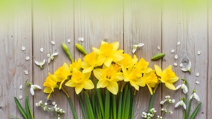 Yellow daffodils and white flowers on wooden background  spring floral arrangement