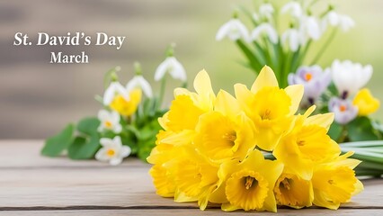 Yellow daffodils and white flowers on wooden table for St Davids Day March celebration