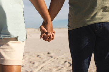 Midsection of multiracial senior couple holding hands standing together at beach on sunny day