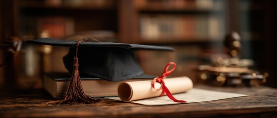 The Graduation Cap and Diploma on Vintage Wooden Desk in Library