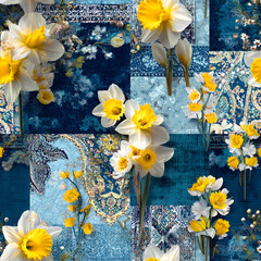 Vibrant daffodils over rich blue patchwork with oriental motifs and baroque floral details