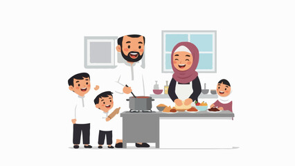 Happy Muslim family cooking together in a modern home kitchen during the holy month of Ramadan. Parents and children prepare traditional iftar food with smiles and warmth, showing family bonding