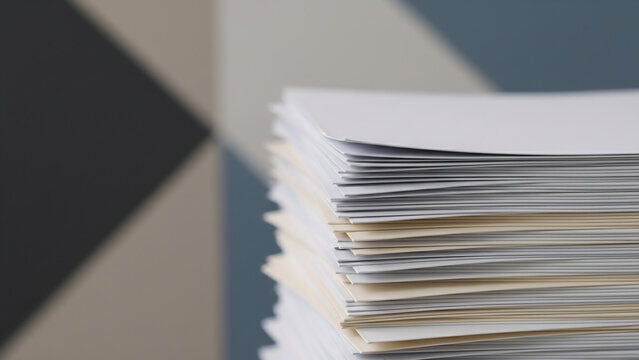 Close up of stacked paper sheets with slightly misaligned edges and soft top lighting