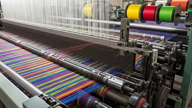 Industrial weaving machine producing colorful textile fabric with intricate thread patterns in a factory setting