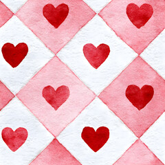 Watercolor red hearts on pink and white checkerboard pattern with romantic charm