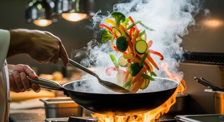 Chef expertly stir-frying colorful fresh vegetables in a flaming hot wok at a gourmet restaurant kitchen