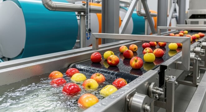 Apples being washed on a factory conveyor belt during food processing and production operations