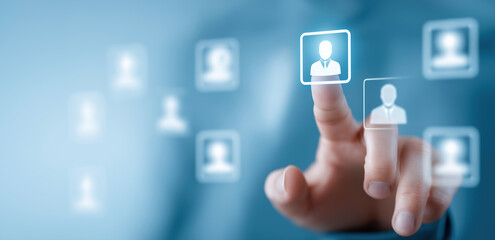Finger taps highlighted user icon, representing digital recruitment and team selection.