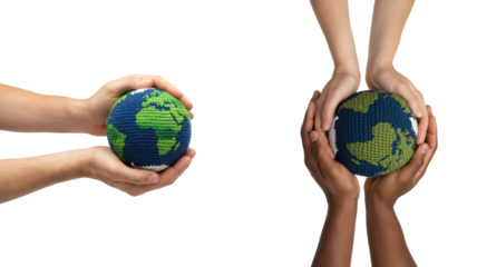 Human hands holding planet Earth isolated on white background, symbolizing environmental protection, global care, sustainability, and responsibility for the future.