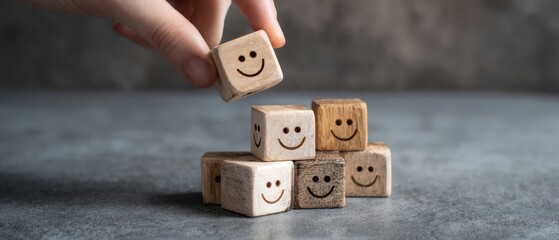 The Wooden Blocks with Smiling Faces Being Stacked by a Hand Representing Teamwork