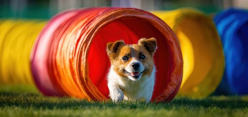 The Dog Running Through Colorful Agility Tunnel on Sunny Day in Park