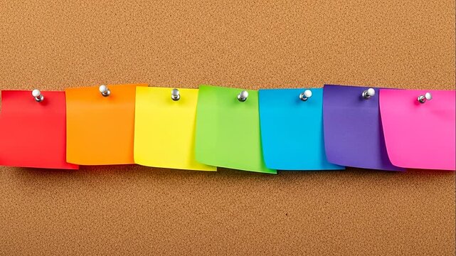 Row of colorful blank sticky notes pinned on a cork board, ready for messages or reminders
