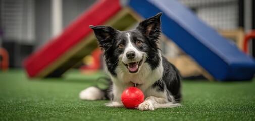 The Border Collie Lying on Artificial Turf with Red Ball at Agility Course